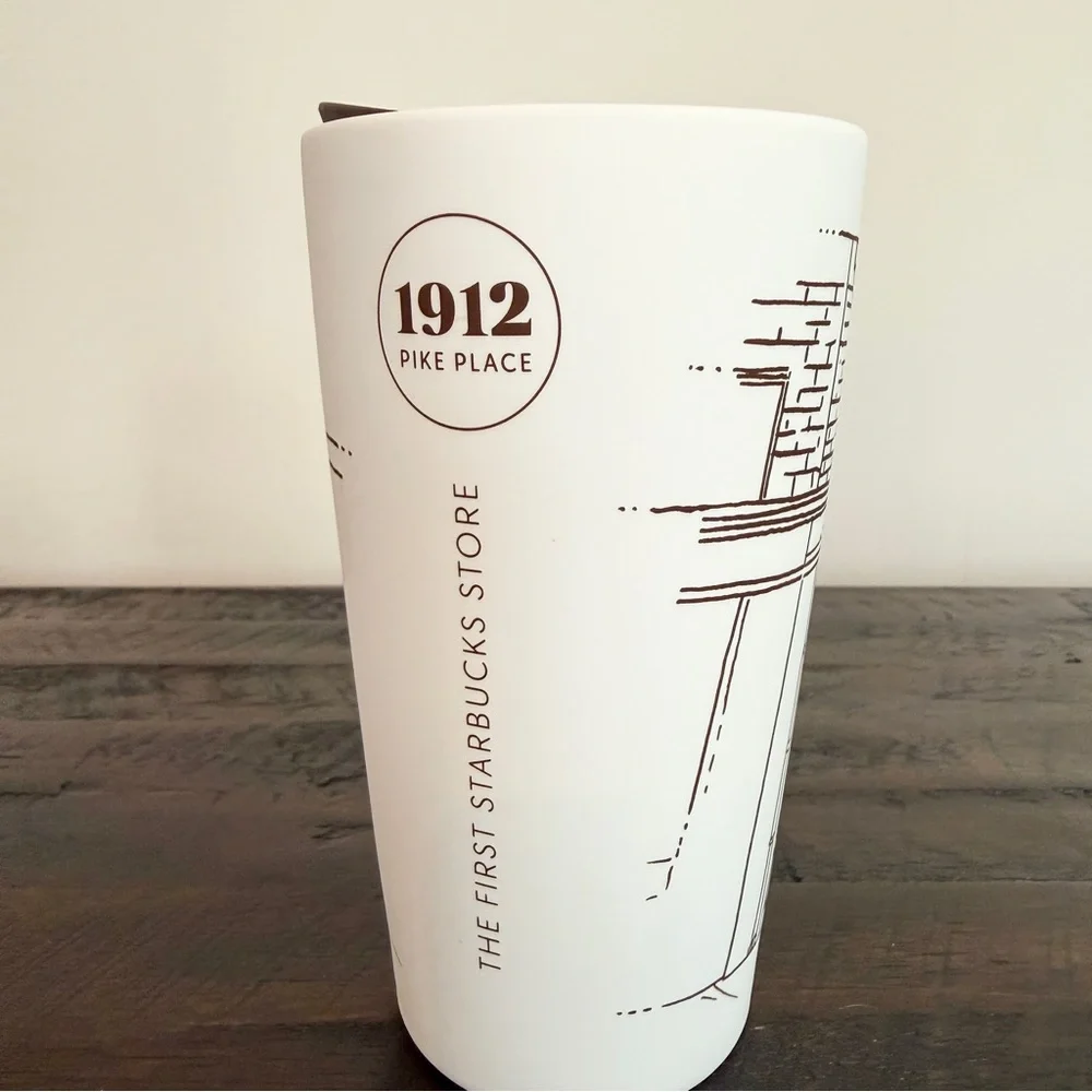 Starbucks Pike Place First Store Storefront White Ceramic Travel Tumbler 12 F Oz